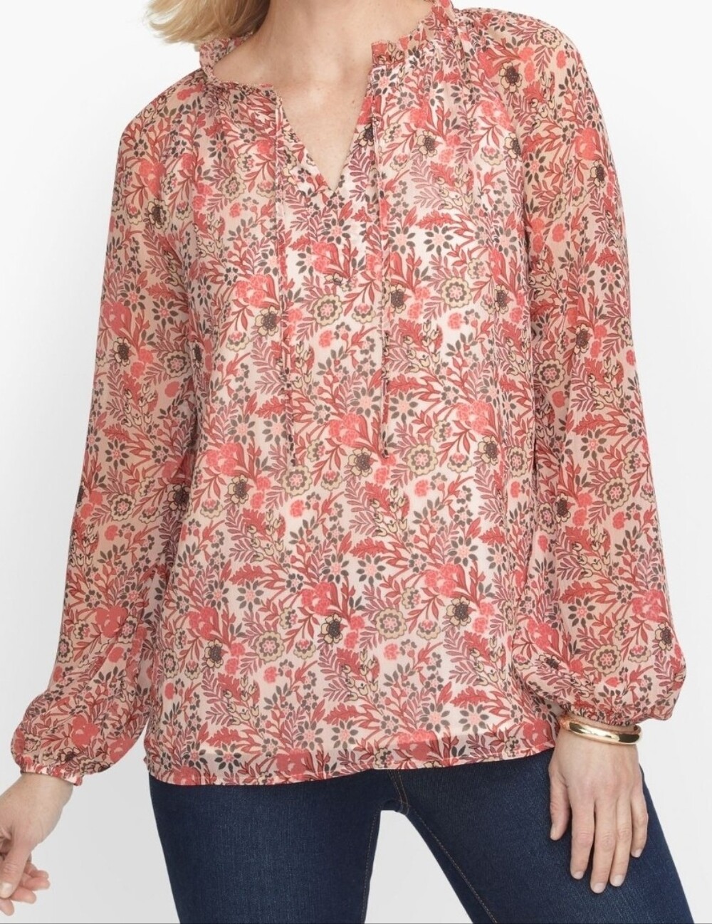 TALBOTS size Large Long Sleeve Floral Split Tie Neck Floral Crinkle Blouse Multi